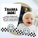 One Lycklig, Blue Photo Birthday Tack Kort<br><div class="desc">Ett första födelsedagsfest för en lycklig-snubbblått lycklig ansikte</div>