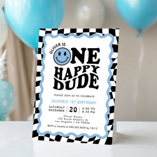One Lycklig, Blue Smile Ansikte Boy 1st Birthday Inbjudningar