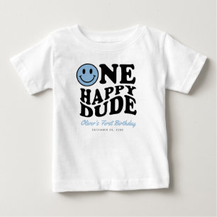 One Lycklig, Blue Smile Ansikte Boy 1st Birthday T Shirt