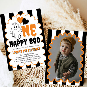 One Lycklig Boo Boy 1st Birthday Photo Party Inbjudningar