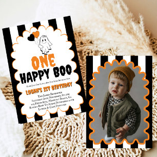One Lycklig Boo Boy 1st Birthday Photo Party Inbjudningar
