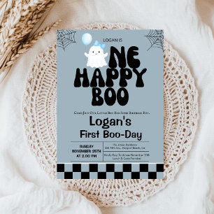 One Lycklig Boo Fall Boy 1st Birthday Party Inbjudningar