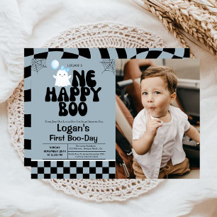 One Lycklig Boo Fall Boy 1st Birthday Party Photo Inbjudningar
