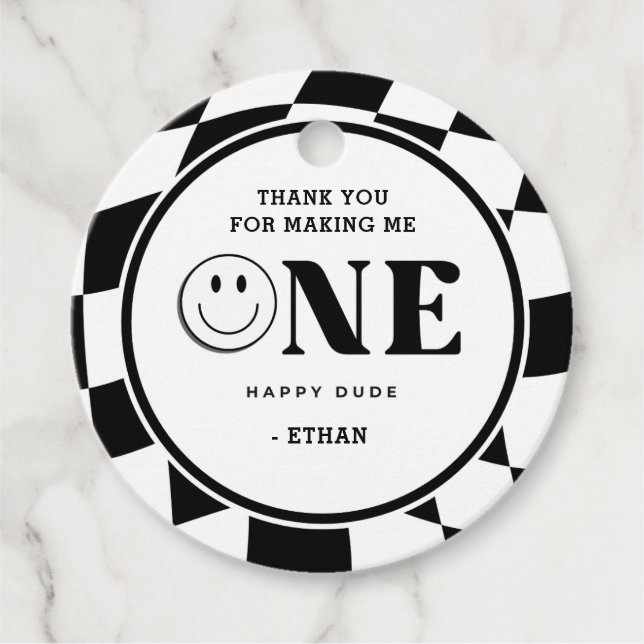 One Lycklig Boy 1st Birthday Tack Gåvor Etiketter (Framsida)