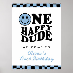 One Lycklig Boy 1st Birthday Vågigt Blue Welcome Poster