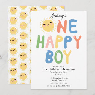 One Lycklig Boy Birthday Inbjudan 1 Birthday Sol