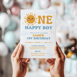 ONE Lycklig Boy First Birthday bjudande, Sol tema Inbjudningar