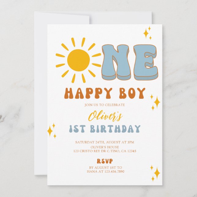 One Lycklig Boy First Birthday Inbjudan (Framsida)