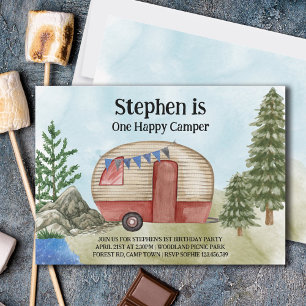 One Lycklig Camper 1st Birthday Vintage Camping Inbjudningar
