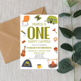 One Lycklig Camper Camping 1st First Födelsedagsfe Inbjudningar