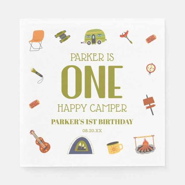 One Lycklig Camper Camping 1st First Födelsedagsfe Pappersservett (Framsidan)