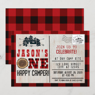 One Lycklig Camper Flanell Play 1a Birthday Inbjudningar