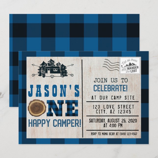 One Lycklig Camper Flanell Play 1a Birthday Inbjudningar (Fram/baksida)