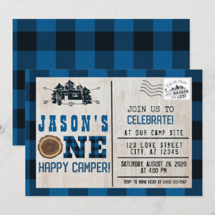 One Lycklig Camper Flanell Play 1a Birthday Inbjudningar