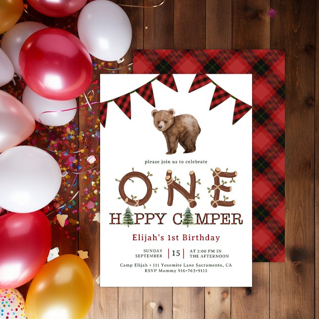 One Lycklig Camper Forest Boy's 1a Birthday Party  Inbjudningar (One Happy Camper Birthday Invite)
