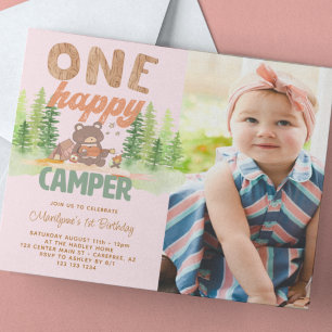 One Lycklig Camper Girl Photo 1st Birthday Inbjudningar