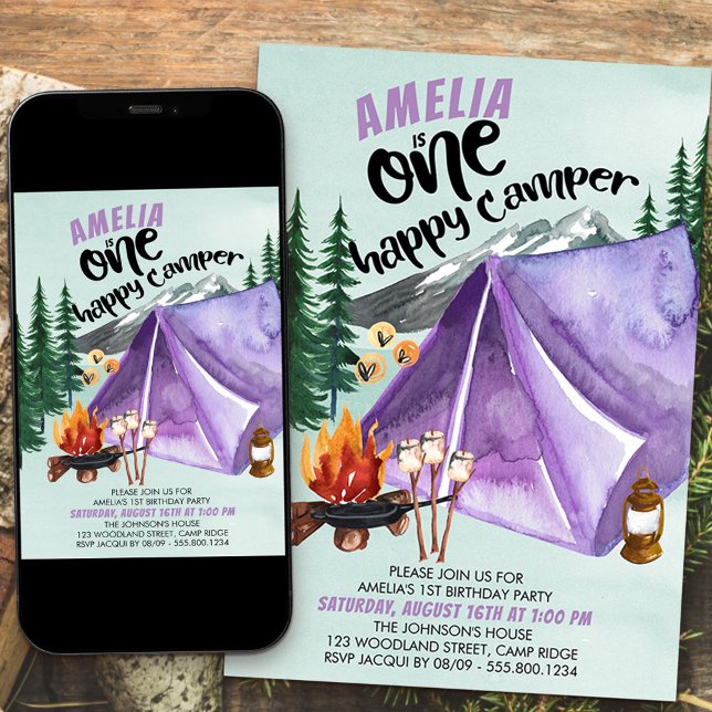 One Lycklig Camper Girls 1:a födelsedagsinbjudan Inbjudningar (Skapare uppladdad)