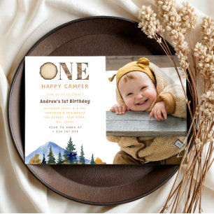 One Lycklig Camper Photo Boy's 1a Birthday Forest Inbjudningar