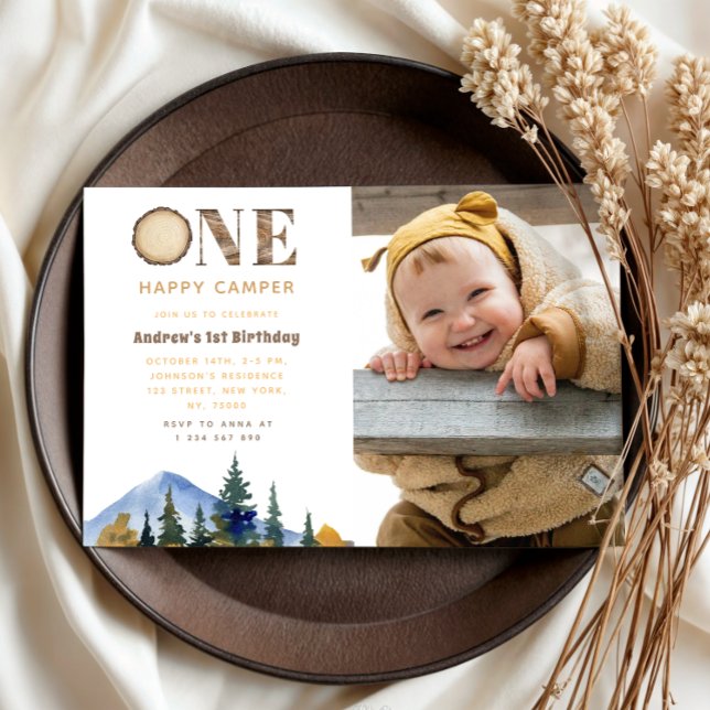 One Lycklig Camper Photo Boy's 1a Birthday Forest Inbjudningar (Skapare uppladdad)