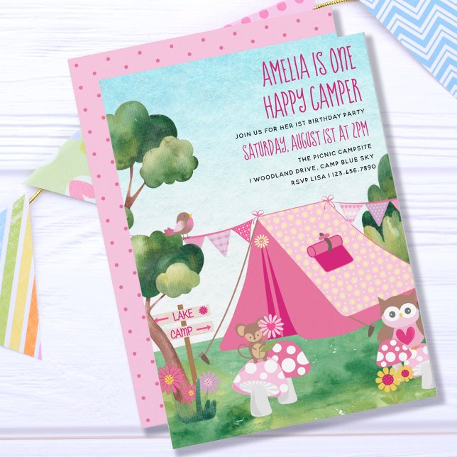 One Lycklig Camper Rosa Tält Girl 1:a födelsedagen Inbjudningar (Skapare uppladdad)