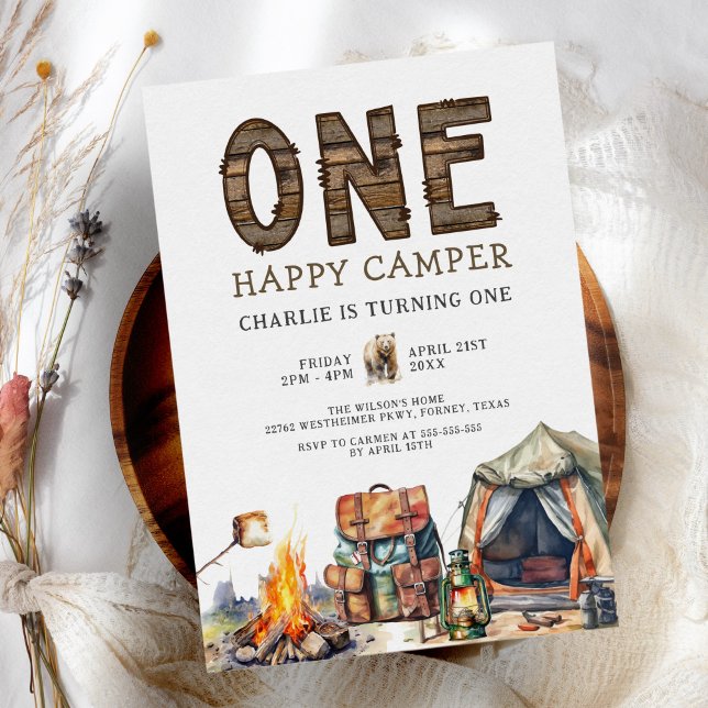 One Lycklig Camper Woodland Camping 1st Birthday Inbjudningar (Skapare uppladdad)