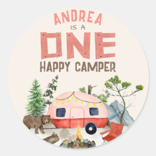 One Lycklig Camper Woodland Girls 1st Birthday Ros Runt Klistermärke
