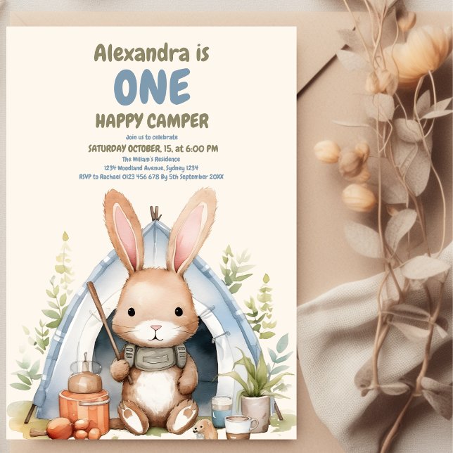 One Lycklig Camper Woodland Rabbit Boys 1:a födels Inbjudningar (Skapare uppladdad)