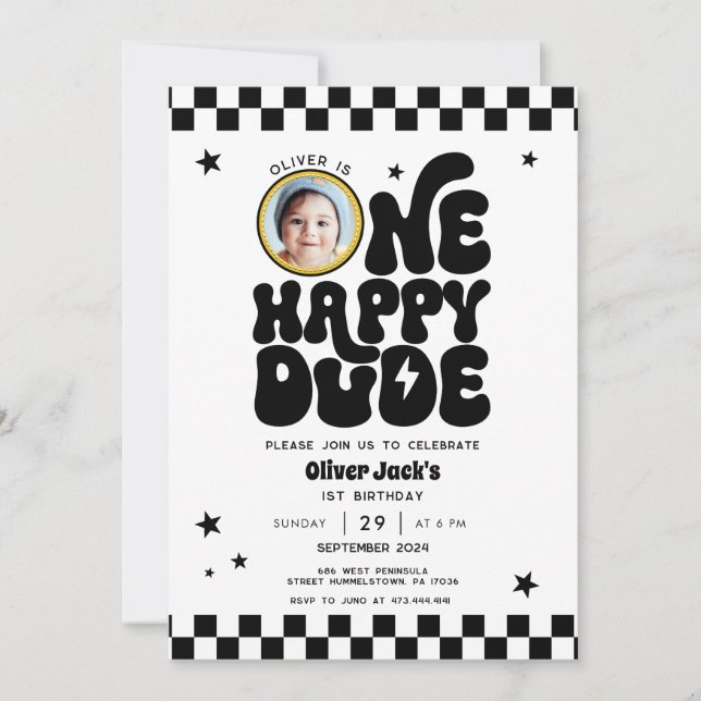 One Lycklig, första födelsedagsinbjudan med foto Inbjudningar (Framsida)