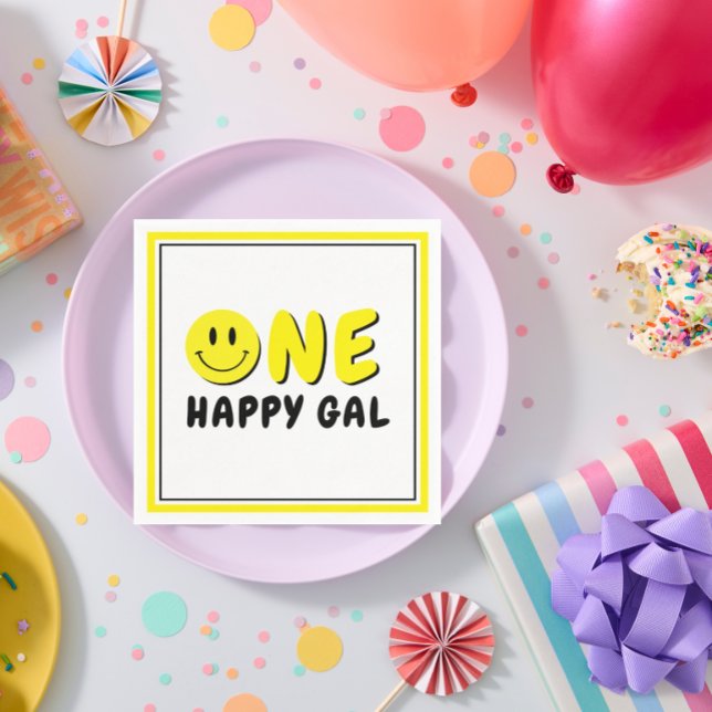 One Lycklig Gal 1:a födelsedagen Party Gult Smiley Pappersservett (Skapare uppladdad)
