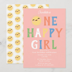 One Lycklig Girl Birthday Inbjudan 1 Birthday Sol
