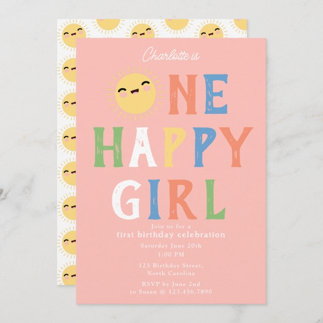 One Lycklig Girl Birthday Inbjudan 1 Birthday Sol (Fram/baksida)
