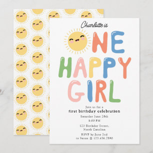 One Lycklig Girl Birthday Inbjudan 1 Birthday Sol