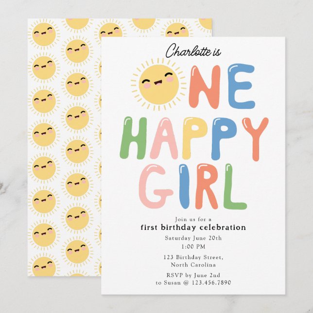 One Lycklig Girl Birthday Inbjudan 1 Birthday Sol (Fram/baksida)