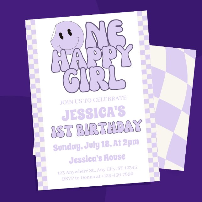 One Lycklig Girl Retro 1:a födelsedagen Inbjudningar ("Light up your little one's special day with our 'One Happy Girl Retro 1st Birthday Invitation)