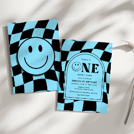 One Lycklig, Lycklig Ansikte Blue Boy 1st Birthday Inbjudningar