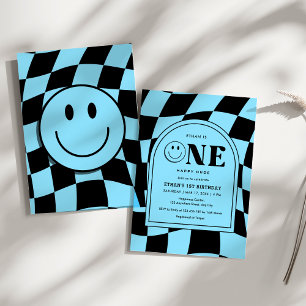 One Lycklig, Lycklig Ansikte Blue Boy 1st Birthday Inbjudningar