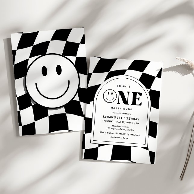 One Lycklig, Lycklig Ansikte Boy 1st Birthday Inbjudningar (One Happy Dude Happy Face Boy 1st Birthday Invitation )