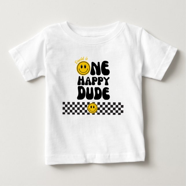 One Lycklig, Lycklig Ansikte Boy 1st Birthday T Shirt (Framsida)