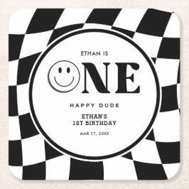 One Lycklig, Lycklig Ansikte Boy 1st Birthday Underlägg Papper Kvadrat