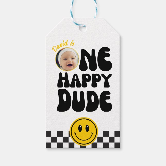 One Lycklig, Lycklig Ansikte Boy Photo 1st Birthda Presentetikett (Framsidan)