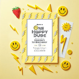 One Lycklig, Retro 1:a födelsedag Party Inbjudningar