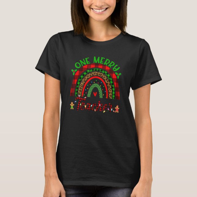 One Merry Teacher  Teacher Leopard Rainbow Christm T Shirt (Framsida)