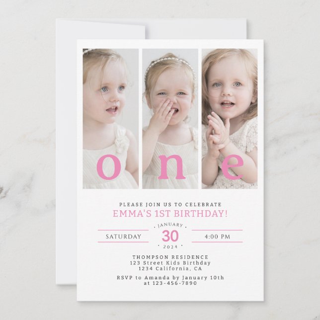 ONE Minimalist 1-års födelsedagsfest fotokollage Inbjudningar (Framsida)
