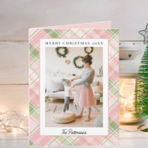 One Photo Classic Plaid Green and Pink Christmas  