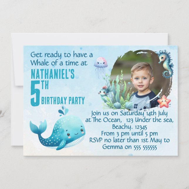 One Photo Whale 5th Birthday  Party Invitation Inbjudningar (Framsida)