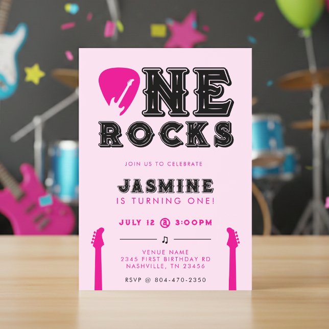 One Rocks Gitarrplektrum Rosa 1-års Födelsedagsfes Inbjudningar (Skapare uppladdad)