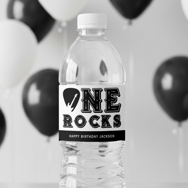 One Rocks Gitarrplock 1-års födelsedagsfest Vattenflaskor Etikett (One Rocks Guitar Pick 1st Birthday Party Water Bottle Label
)