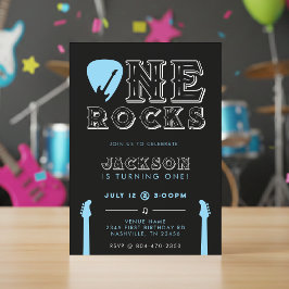 One Rocks Guitar Pick Blue 1st Birthday Party Inbjudningar