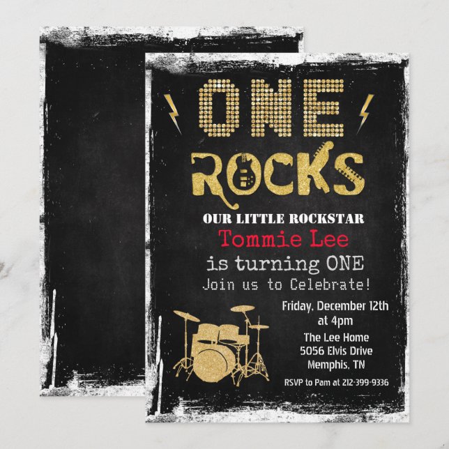 One Rocks Rockstar Trumset 1-års inbjudan (Fram/baksida)