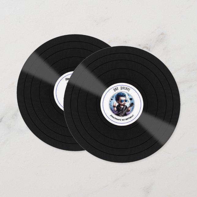 "One Rocks!" Vinylskiva Rockstjärna 1-årsdag Inbjudningar (Fram/baksida)
